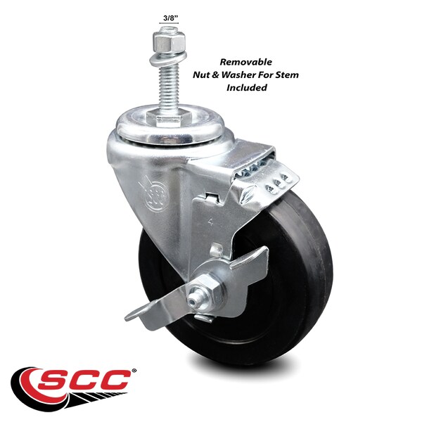 4 Inch Soft Rubber Wheel Swivel 3/8 Inch Threaded Stem Caster with Brake SCC